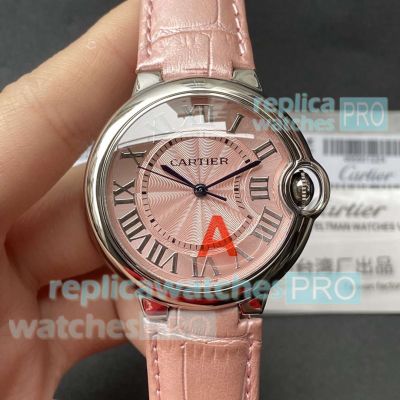 Copy Cartier Ballon Bleu pink dial 36mm pink leather strap TW factory Cartier for sale 